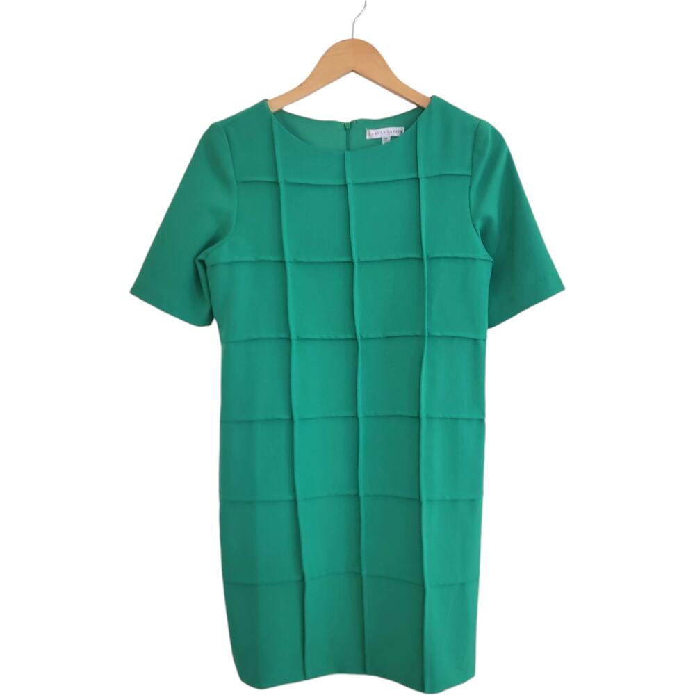 Vintage Green Dress Square Textured Sheath Windowpane Sandra Darren Size 8P